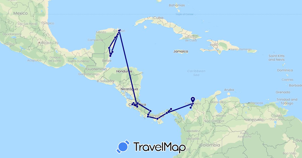 TravelMap itinerary: driving in Belize, Colombia, Costa Rica, Mexico, Panama (North America, South America)